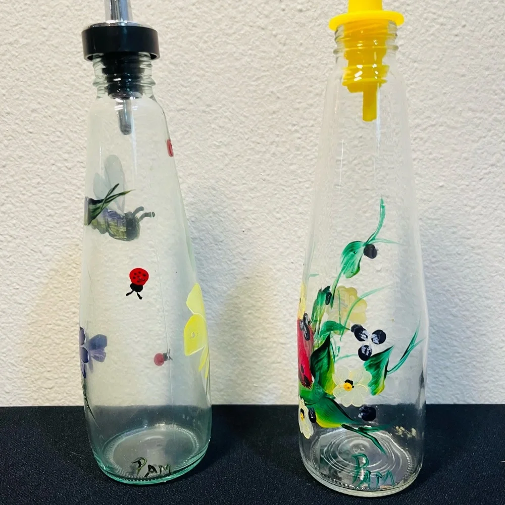 Hand-Painted Glass Cruet’s with Floral and Dragonfly Designs Oil and Vinegar